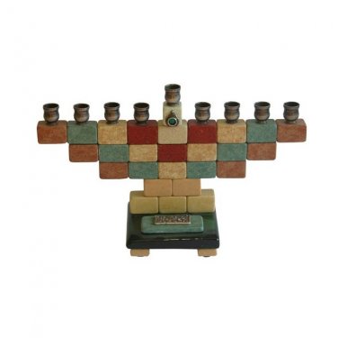 Stone Hanukkah Menorah with Green, Red and Brown Blocks and Metal Plaque