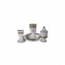 Ceramic Havdalah Set with Hebrew Text, Gold Bands and Floral Pattern