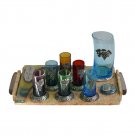 Stone and Glass Kiddush Set with Large Blue Cup, Metal Plaques and Tray