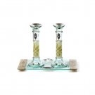 Glass Shabbat Candlesticks with Leaf Print and Tray