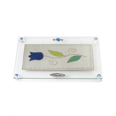 Glass Challah Board with Single Blue Flower
