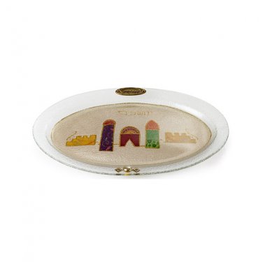 Glass Oval Challah Board for Shabbat with Jerusalem Depiction