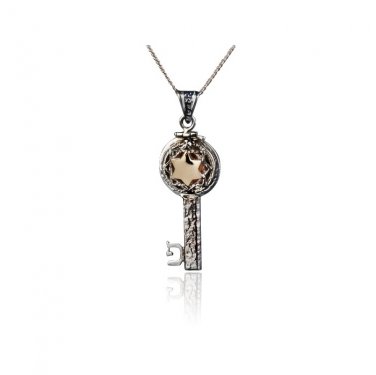 Silver Key with &acirc;��Pey&acirc;�� and Gold Star of David Necklace
