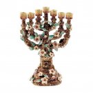 Large 24k Gold Plated 7 Branch Floral Menorah in Brown with Emerald Accents