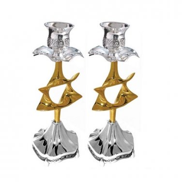 Medium Gold and Silver Plated Shabbat Candlesticks with Twisting Star of David