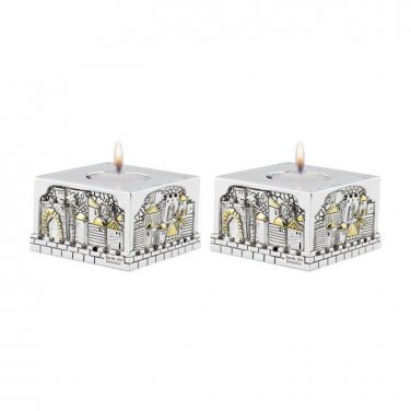 Cube Silver-Plated Shabbat Candlesticks with Framed View of Jerusalem