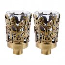 Pair of Glass Oil Lamps for Olive Oil with Brass Architectural Design and Crystals