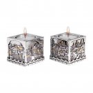 Small Silver-Plated Cube Shabbat Candlesticks with Window to Jerusalem
