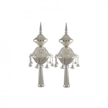 Silver Plated Rimonim with Hanging Bells and Scrolling Lines