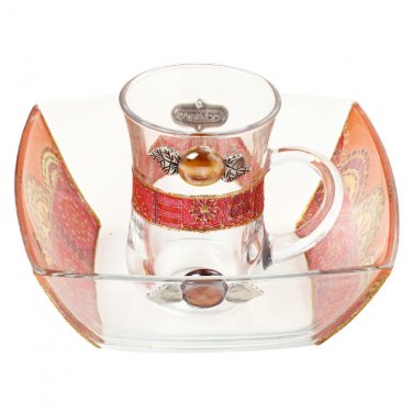 Glass Mayim Achronim Set with Painted Mosaic and Hebrew Plaque