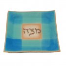 Turquoise Ceramic Matzah Tray with Hebrew Text and Pink Roses