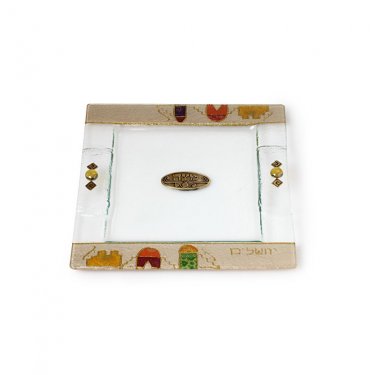 Glass Matzo Plate with Jerusalem Inspired Design
