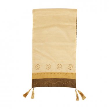 Beige Embroidered Runner with Gold and Brown Border, Tassels and Lines