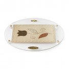 Glass Oval Challah Board for Shabbat with Single Flower Motif