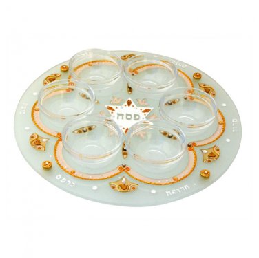 Ester Shahaf Round Glass Seder Plate with Star of David and Pink and Gold Lines