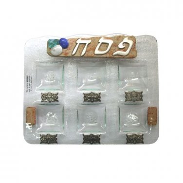 Square Glass Seder Plate with Clear Glass, Brown Stone Plaque and Stones