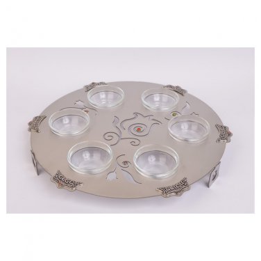 Stainless Steel Seder Plate with Flowers, Scrolling Lines and Hebrew Text