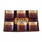 Brown and White Seder Plate with Hebrew Text and Yellow Horizontal Bands