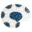 Glass Palette Seder Plate with Blue and Green Flowers and Metal Plaques