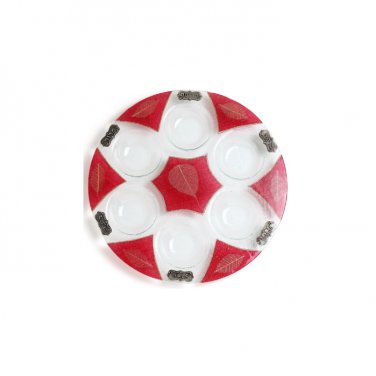 Glass Seder Plate with Red Leaves, Star of David and Metal Plaques