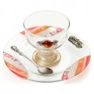 Glass Charoset Dish with Spoon, Tray, Bright Stripes and Hebrew Plaque