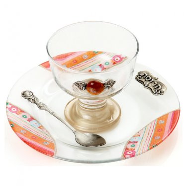 Glass Charoset Dish with Spoon, Tray, Bright Stripes and Hebrew Plaque