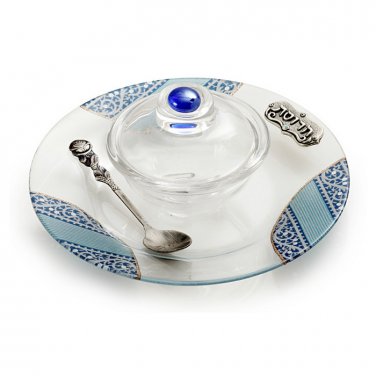 Charoset Dish with Spoon and White and Blue Motif