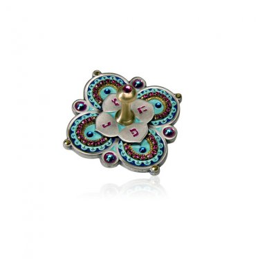 Ester Shahaf Pewter Flower Dreidel with Gold, Turquoise and Fuscia Accents