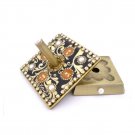 Square Dreidel with Black and Gold Floral Pattern, Hebrew Text and Beads