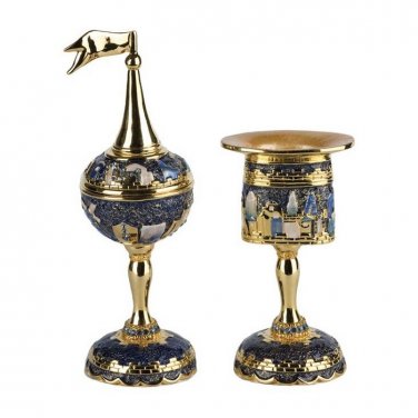 Blue Jerusalem Spice Tower and Havdalah Candle Holder with Jewels