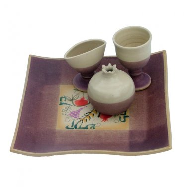 Brown and Beige Ceramic Havdalah Set with Seven Species Design and Hebrew Text
