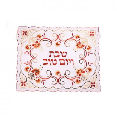 White Challah Cover with Copper and Gold Scrollwork, Hebrew Text and Sequins