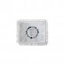White Satin Challah Cover with Blue Jerusalem and Silver Hebrew Text