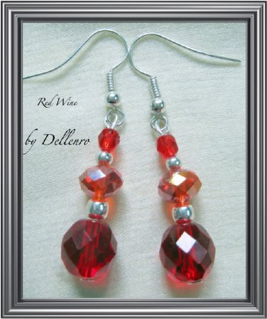 &acirc;�&laquo;RED WINE&acirc;�&laquo; HANDCRAFTED SILVER PLATED CRYSTAL GLASS DANGLE EARRINGS