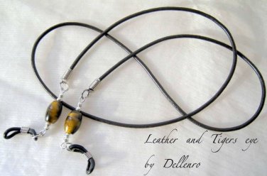 &acirc;�&laquo;LEATHER & TIGERS EYE&acirc;�&laquo; MENS EYEGLASS GLASSES SPECTACLE CHAIN HOLDER  CORD