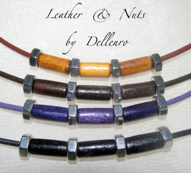 &acirc;�&laquo;LEATHER & NUTS &acirc;�&laquo; UNISEX NECKLACE  WITH STAINLESS STEEL. U CHOOSE COLOUR & SIZE