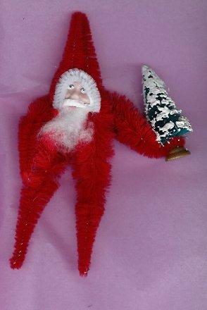Chenille Santa RED 5 inch clay face holding tree