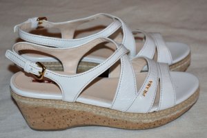 $678 PRADA LEATHER PATENT WHITE CORK WEDGE PLATFORM SANDALS SHOES ESPADRILLES