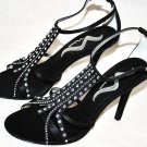 NINA CRYSTAL SATIN ULARA BLACK EVENING SANDALS SHOES HEELS 8 38