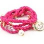 Ships Free Pink Braided Leather Bracelet Wristband Strand With Charms