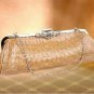 New Beige Tan Clutch Purse With silver Chain & Rhinstone Accent