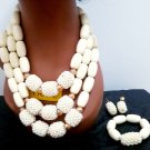 Large Cream Acrylic Beads 3 Layers Necklace Bracelet & Earrings Jewelry Set.