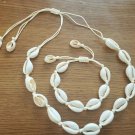 2 Pcs Cowrie Shell Waxed Cord Bead Choker And Bracelet Set. Crème Cord