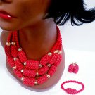 3 Pcs Acrylic Beads 3 Layers Red Necklace Bracelet & Earrings Jewelry Set.Bridal