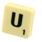 Scrabble Tile Pin Badge. Letter U. Green on Cream Tile