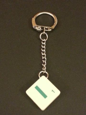 Keyring Scrabble Tile. Green on Cream Tile. Letter I