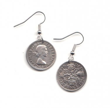 Earrings 6d Sixpence made from original GB QE II Coin 1958