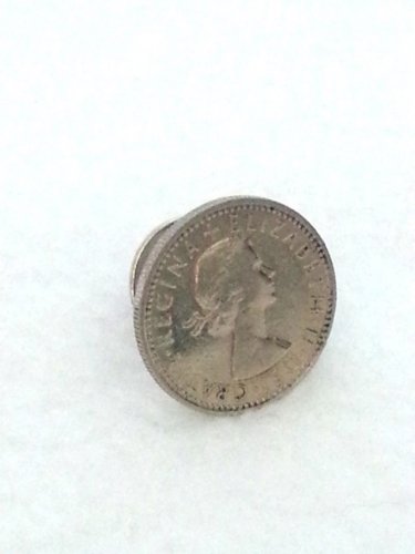Pin Badge 6d Sixpence QE II Head Side showing.