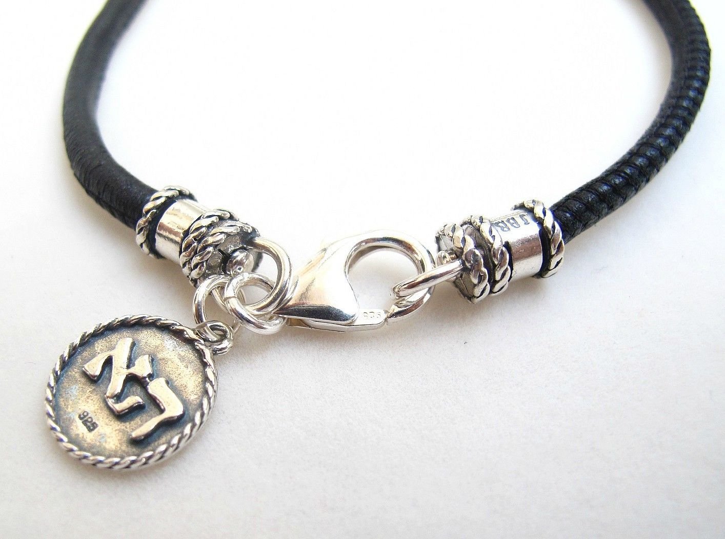 sterling silver black leather bracelet kabbalah amulet round charm luck
