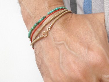14 k solid red  gold camel leather cord wrap bracelet bangle string men women